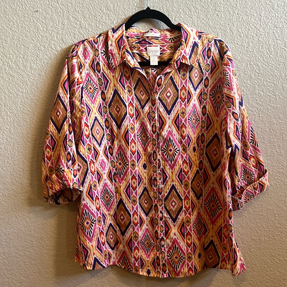 Chico’s Button Up Collared Shirt No-Iron 100% Cotton Bright Print Size 2/ Large